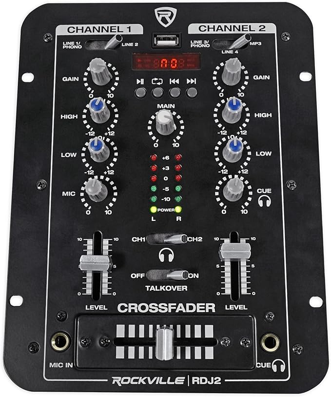 Rockville RDJ2 2-Channel DJ Mixer USB Playback, Cue Monitor, Talkover, 4 Line Inputs, Compact, Portable, for Beginner DJs and Small Events