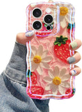 Jusy Compatible with iPhone 15 Pro Max, Colorful Retro Oil Painting Printed Flower Laser Glossy Pattern Cute Curly Wave Phone Case Soft TPU Cover for Girly Women - Strawberry Flower