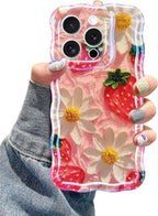 Jusy Compatible with iPhone 15 Pro Max, Colorful Retro Oil Painting Printed Flower Laser Glossy Pattern Cute Curly Wave Phone Case Soft TPU Cover for Girly Women - Strawberry Flower