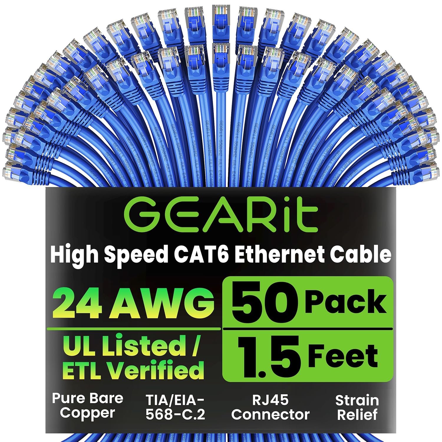 GEARit Cat 6 Ethernet Cable Pack - 50-Pack 1.5 ft Cat6 Ethernet Patch Cables | RJ45 Network Patch Cable, 10 Gbps Snagless Gold-Plated Connectors - Ethernet Cable Cat 6 for PC, TV, Router - Blue