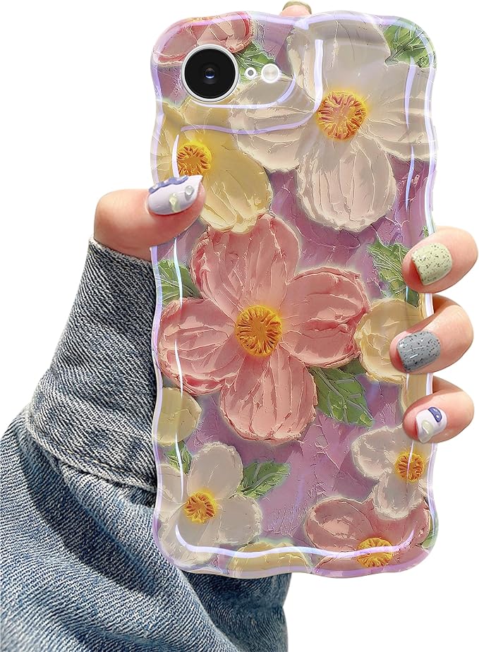 Jusy Compatible with iPhone 16e, Colorful Retro Oil Painting Printed Flower Laser Blue Glossy Pattern Cute Curly Wave Phone Case Soft TPU Cover for Girly Women - Pink