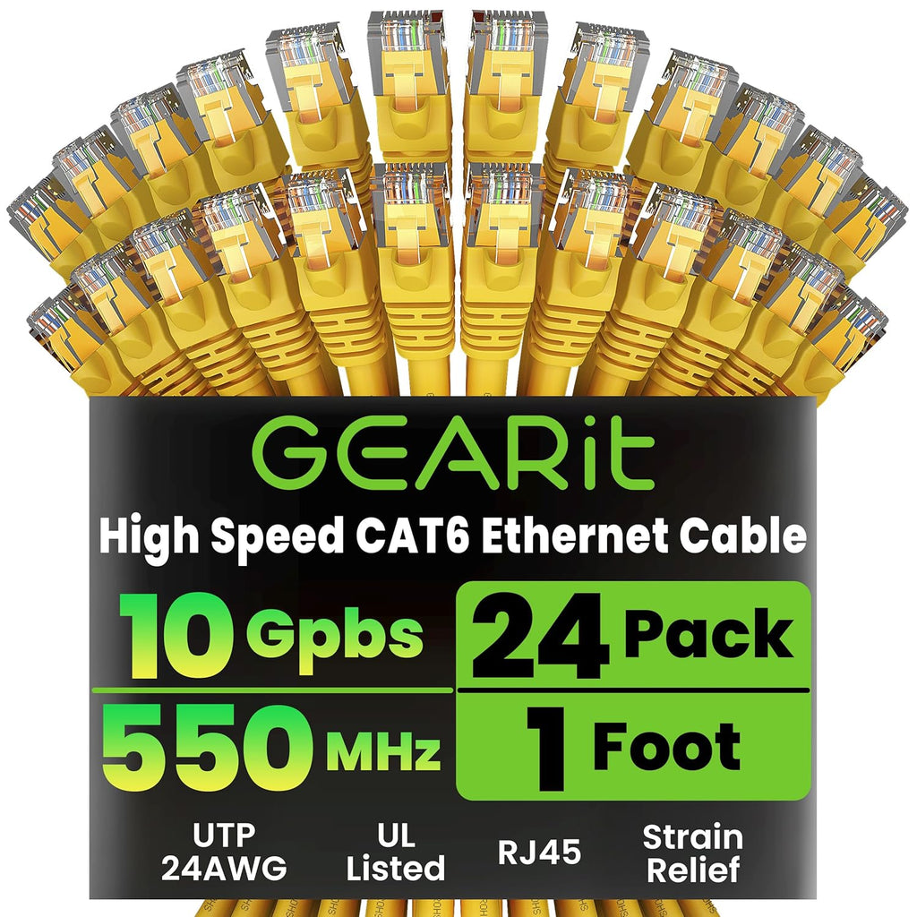 GearIT Cat 6 Ethernet Cable (24-Pack 1 Foot) Cat6 Network Patch, 10Gbps, RJ45, Snagless Cord, Gold-Plated Connectors, Internet for PC, TV, Tablet, Router, Printer, Servers, IT Data Center - Yellow