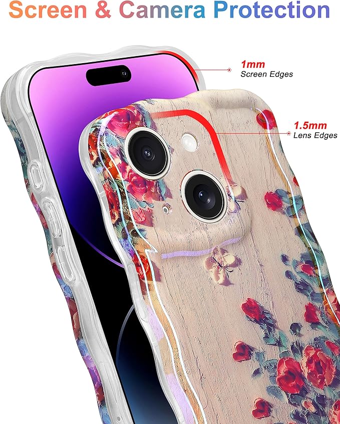 Jusy Compatible with iPhone 13, Colorful Retro Oil Painting Printed Flower Laser Glossy Pattern Cute Curly Wave Phone Case Soft TPU Cover for Girly Women - Beige