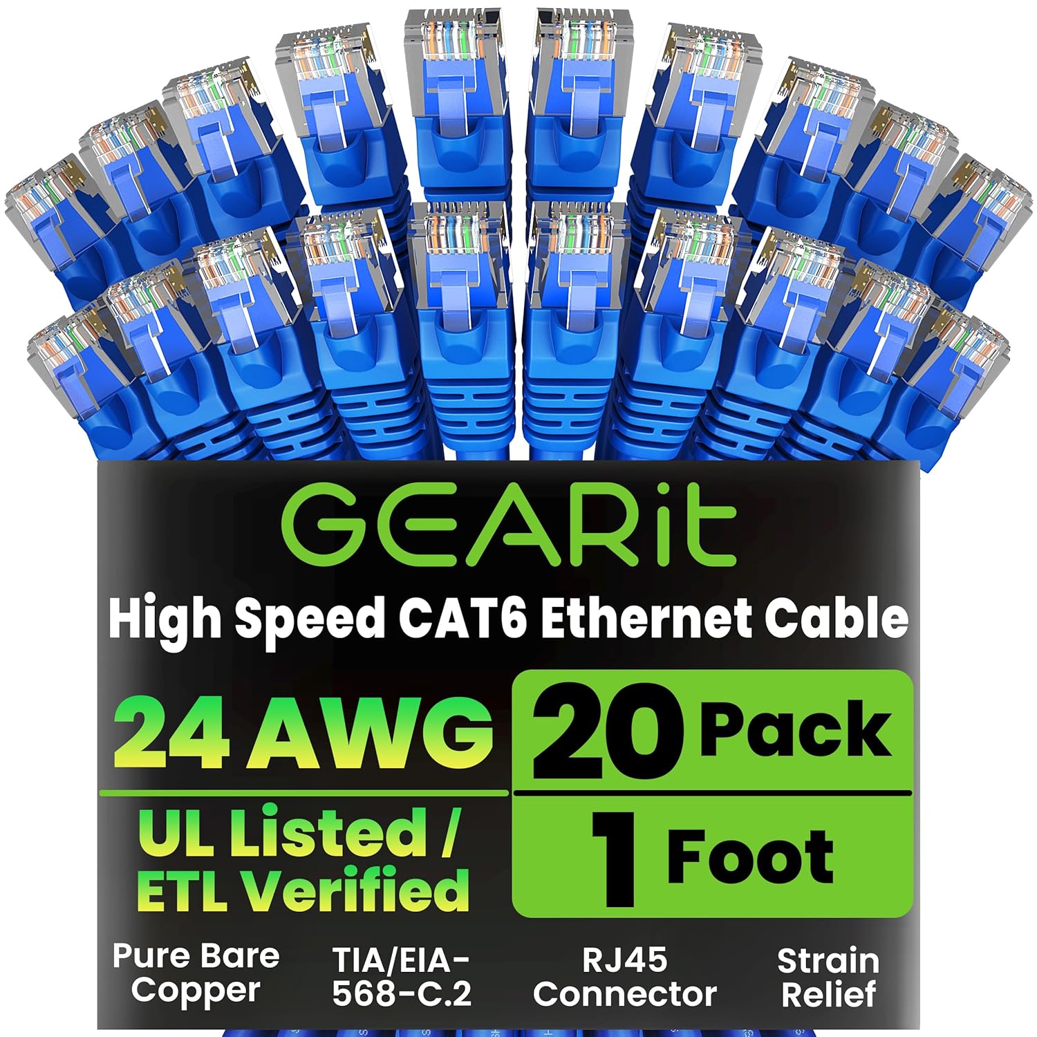 GearIT Cat 6 Ethernet Cable Pack - 20-Pack 1 ft Cat6 Ethernet Patch Cables | RJ45 Network Patch Cable, 10 Gbps Snagless Gold-Plated Connectors - Ethernet Cable Cat 6 for PC, TV, Router - Blue