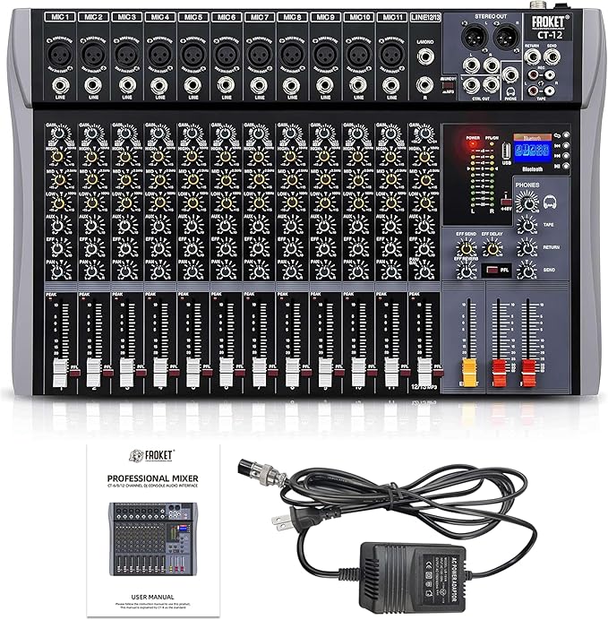 Pro DJ Mixer 12-Channel Audio Console - Bluetooth/USB Streaming, 48V Phantom Power, 3-Band EQ for Live Stage, Recording Studio & Karaoke Systems (CT-12)