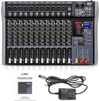 Pro DJ Mixer 12-Channel Audio Console - Bluetooth/USB Streaming, 48V Phantom Power, 3-Band EQ for Live Stage, Recording Studio & Karaoke Systems (CT-12)
