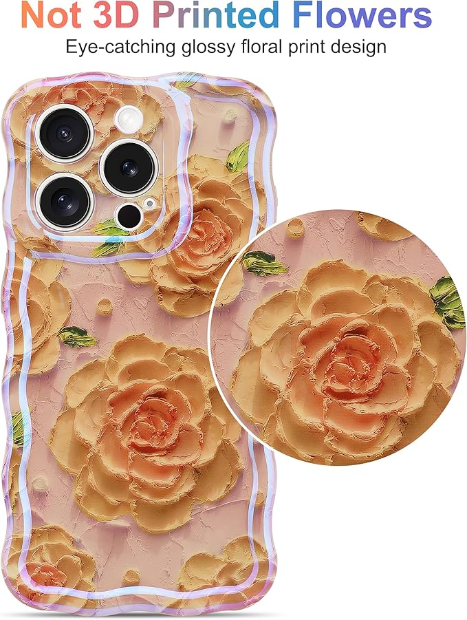 Jusy Compatible with iPhone 13 Pro, Colorful Retro Oil Painting Printed Flower Laser Glossy Pattern Cute Curly Wave Phone Case Soft TPU Cover for Girly Women - Pink Rose