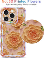 Jusy Compatible with iPhone 13 Pro Max, Colorful Retro Oil Painting Printed Flower Laser Glossy Pattern Cute Curly Wave Phone Case Soft TPU Cover for Girly Women - Pink Rose