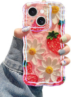 Jusy Compatible with iPhone 15, Colorful Retro Oil Painting Printed Flower Laser Glossy Pattern Cute Curly Wave Phone Case Soft TPU Cover for Girly Women - Strawberry Flower