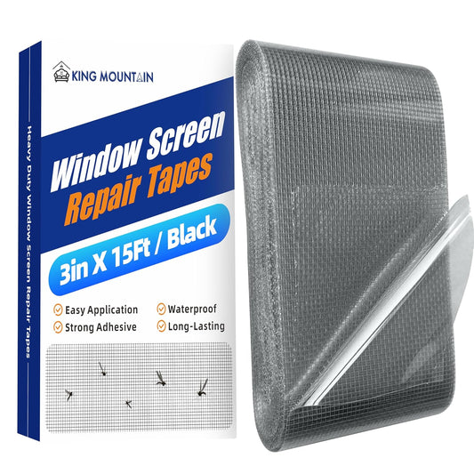 KING MOUNTAIN Black Window Screen Repair Tape,3inX15FT Heavy Duty Screen Repair Kit for Window Screen and Screen Door Tears Holes,Strong Adhesive & Waterproof Window Screen Patch, Weather Resistant