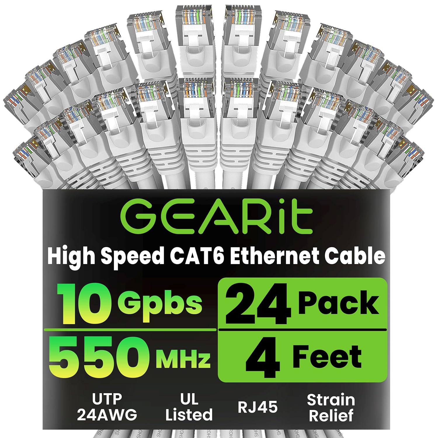 GearIT Cat 6 Ethernet Cable (24-Pack 4 Feet) Cat6 Network Patch, 10Gbps, RJ45, Snagless Cord, Gold-Plated Connectors, Internet for PC, TV, Tablet, Router, Printer, Servers, IT Data Center - White