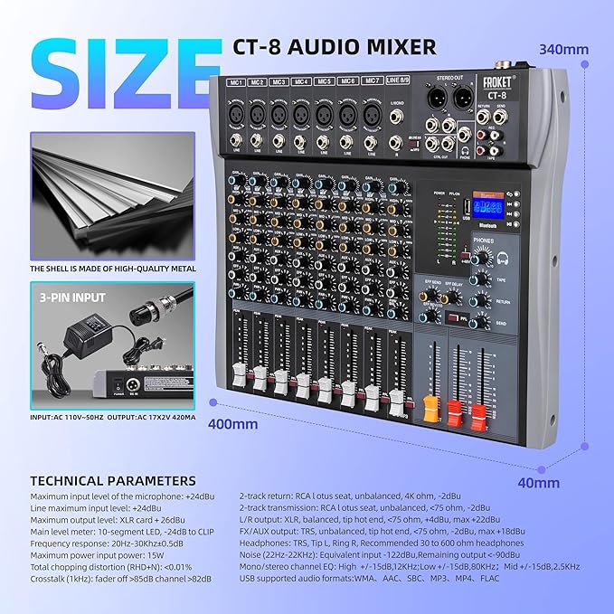 Pro DJ Mixer 8-Channel Audio Console - Bluetooth/USB Streaming, 48V Phantom Power, 3-Band EQ for Live Stage, Recording Studio & Karaoke Systems (CT-8)