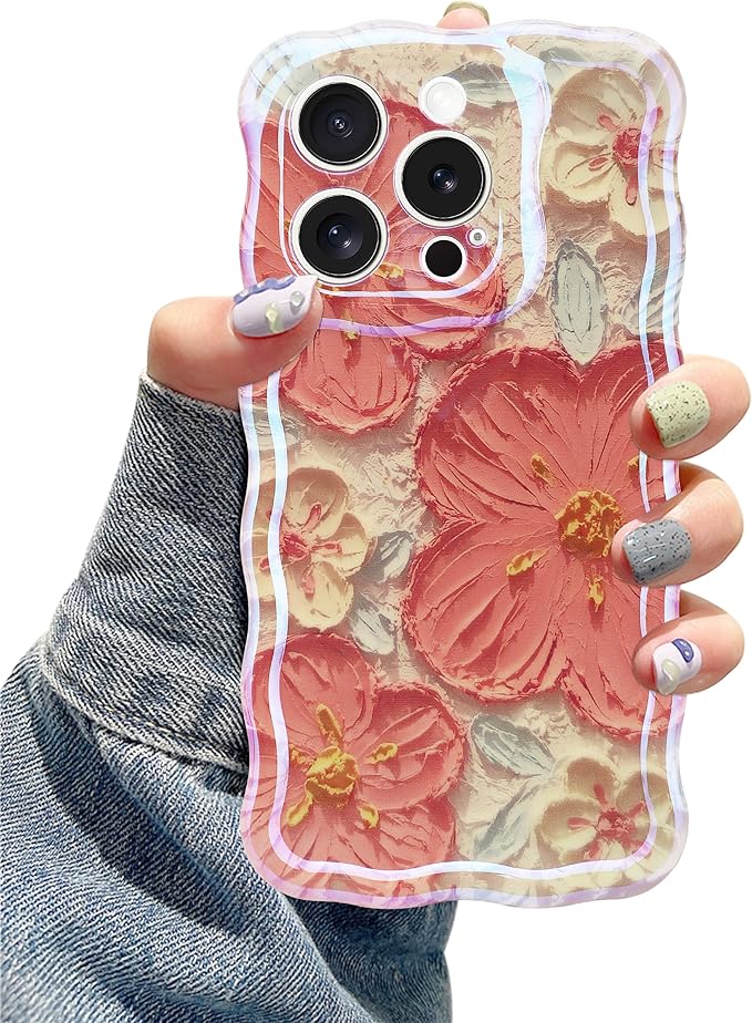Jusy Compatible with iPhone 13 Pro Max, Colorful Retro Oil Painting Printed Flower Laser Glossy Pattern Cute Curly Wave Phone Case Soft TPU Cover for Girly Women - Orange White
