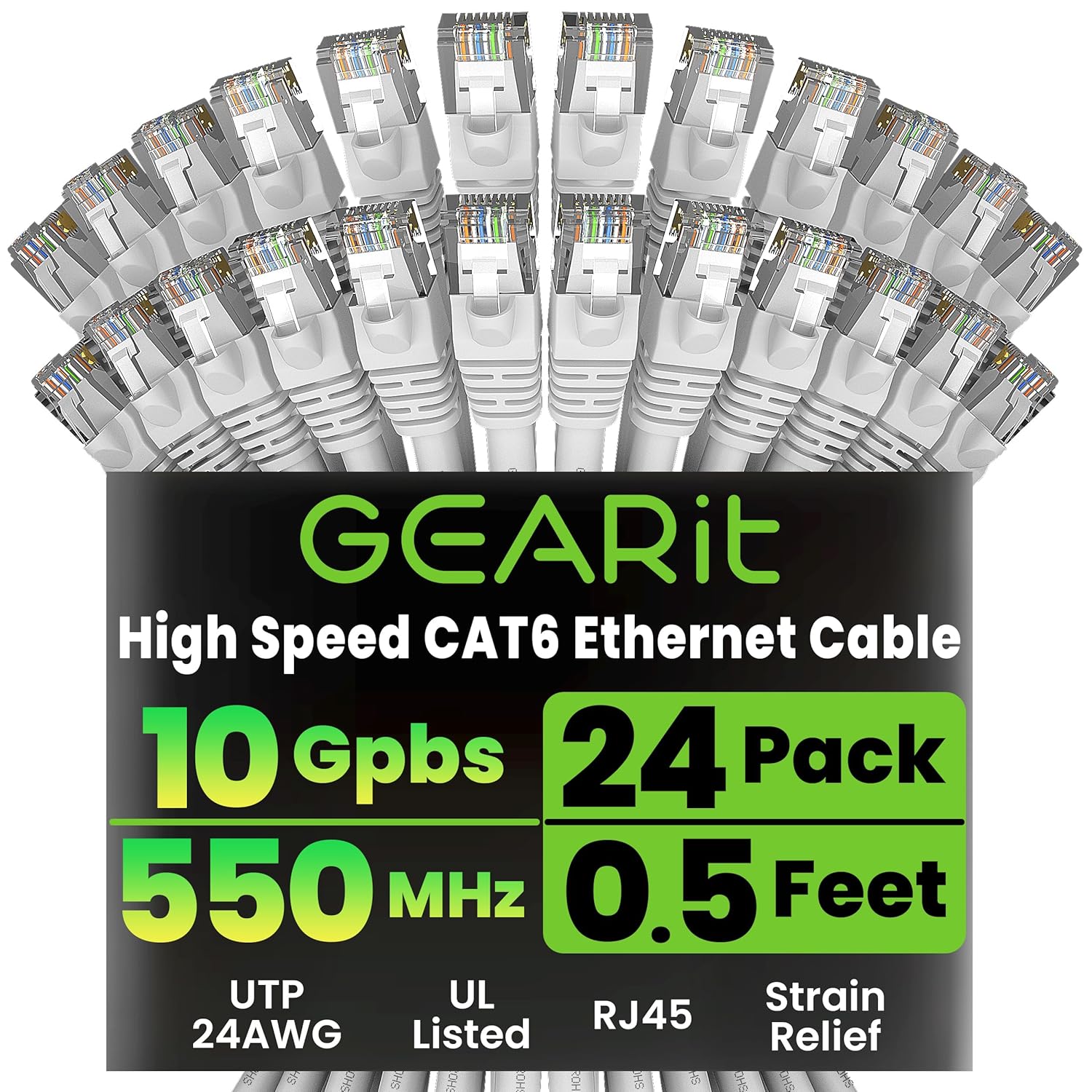GearIT Cat 6 Ethernet Cable (24-Pack 0.5 Feet) Cat6 Network Patch, 10Gbps, RJ45, Snagless Cord, Gold-Plated Connectors, Internet for PC, TV, Tablet, Router, Printer, Servers, IT Data Center - White