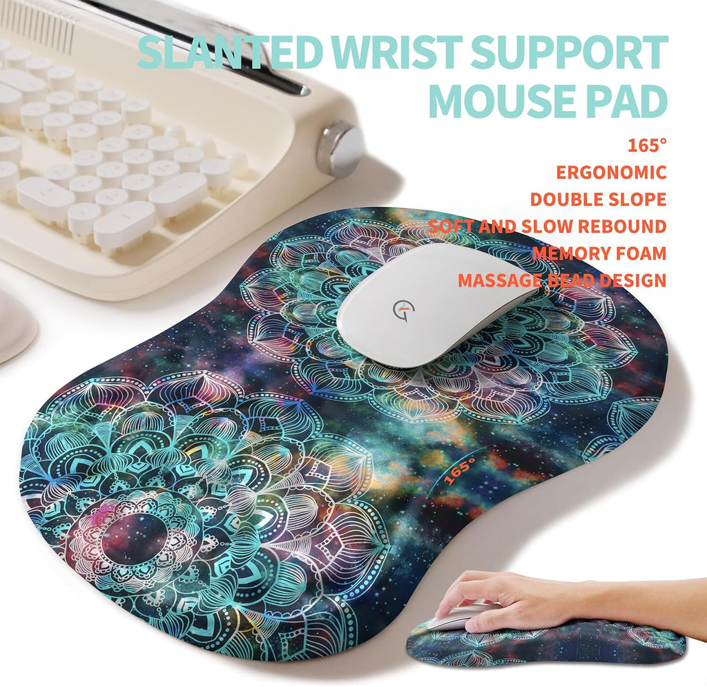 2-in-1 Ergonomic Set, Wave Rise Keyboard Wrist Rest and Massage Bulge Slope Mouse Pad Wrist Support, Cushion Memory Foam Integrated to Relieve Wrist Pain, Galaxy Mandala