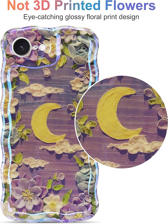 Jusy Compatible with iPhone 16e, Colorful Retro Oil Painting Printed Flower Laser Glossy Pattern Cute Curly Wave Phone Case Soft TPU Cover for Girly Women - Purple Moon