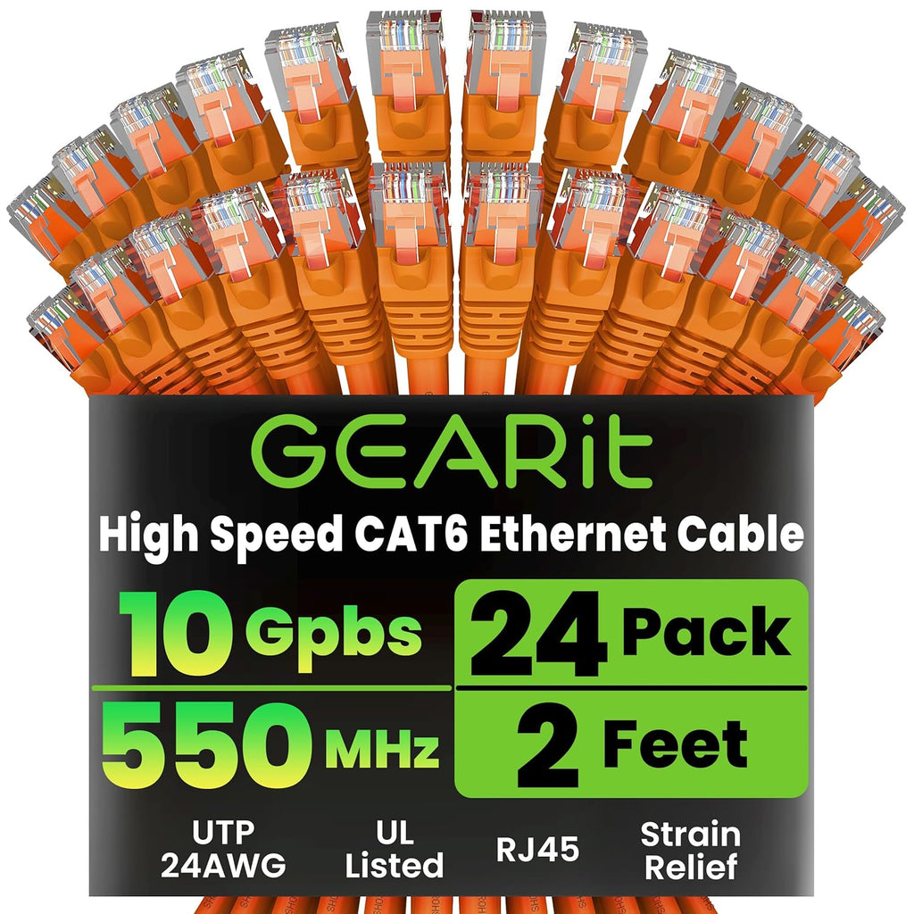GEARit Cat 6 Ethernet Cable (24-Pack 2 Feet) Cat6 Network Patch, 10Gbps, RJ45, Snagless Cord, Gold-Plated Connectors, Internet for PC, TV, Tablet, Router, Printer, Servers, IT Data Center - Orange