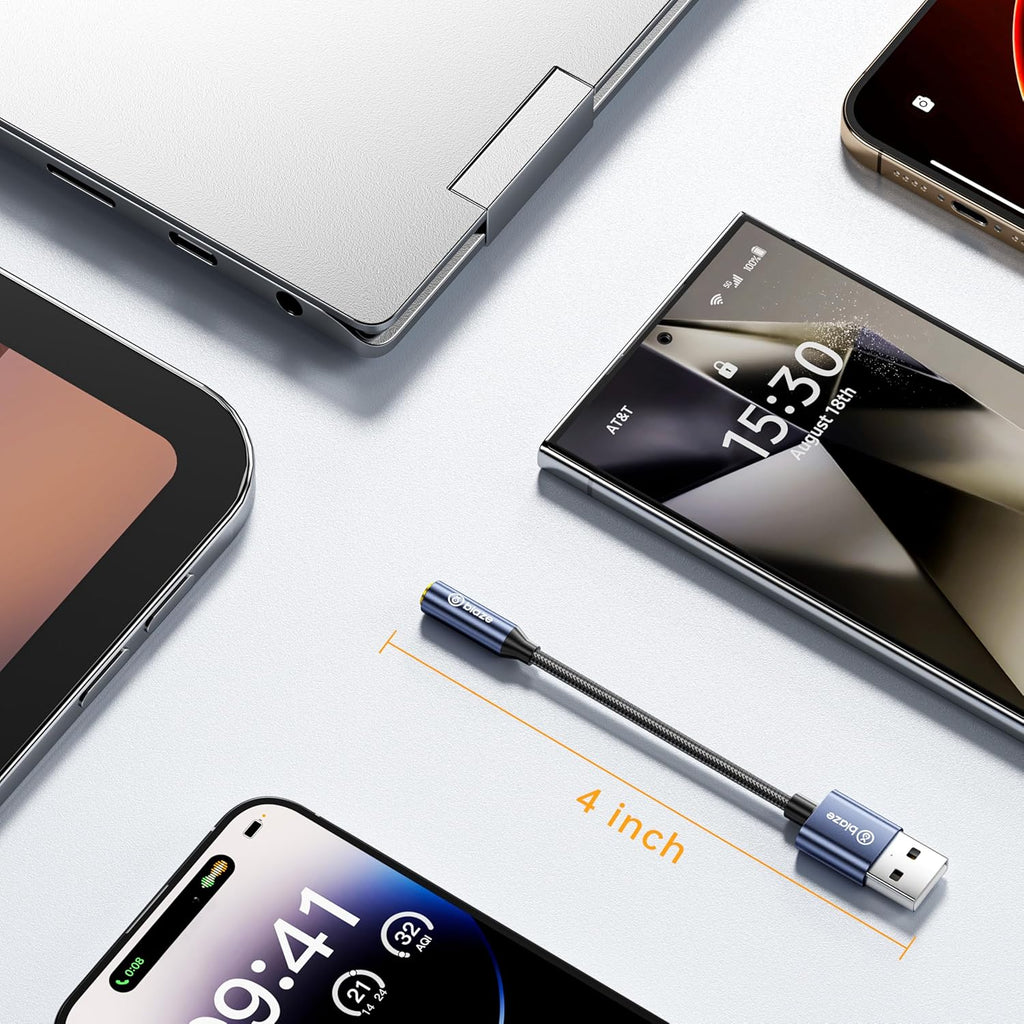 USB to 3.5mm Jack Audio Adapter, External Stereo Sound Card USB-A to Audio Jack Adapter with Auxiliary Stereo Converter, Compatible with Desktop, Laptop Mac, Linux and More!