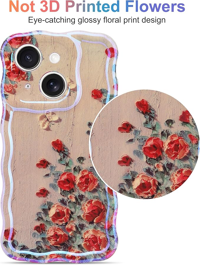 Jusy Compatible with iPhone 14, Colorful Retro Oil Painting Printed Flower Laser Glossy Pattern Cute Curly Wave Phone Case Soft TPU Cover for Girly Women -Beige