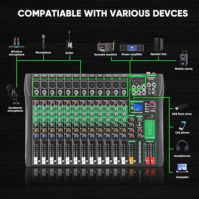 12 Channel Audio Mixer, Professional DJ Mixer Board Sound Music Mixing Console Digital Mixer with Reverb, Bluetooth, USB Port, 48V Phantom Power for Recording Karaoke Podcasting