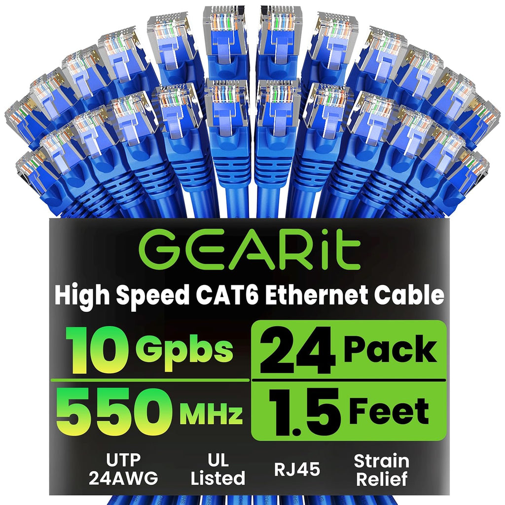 GearIT Cat 6 Ethernet Cable Pack - 24-Pack 1.5 ft Cat6 Ethernet Patch Cables | RJ45 Network Patch Cable, 10 Gbps Snagless Gold-Plated Connectors - Ethernet Cable Cat 6 for PC, TV, Router - Blue