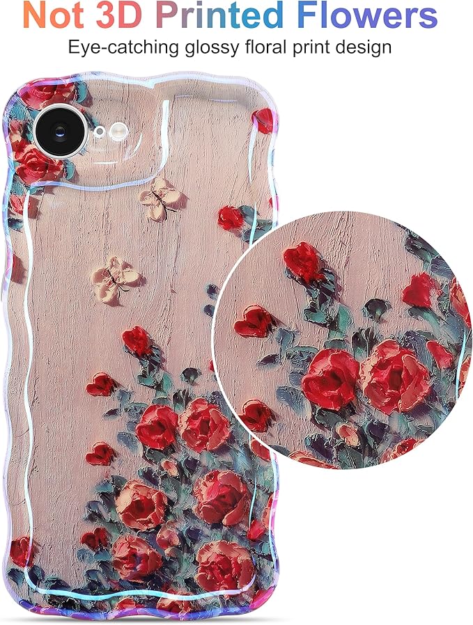 Jusy Compatible with iPhone 16e, Colorful Retro Oil Painting Printed Flower Laser Glossy Pattern Cute Curly Wave Phone Case Soft TPU Cover for Girly Women - Beige