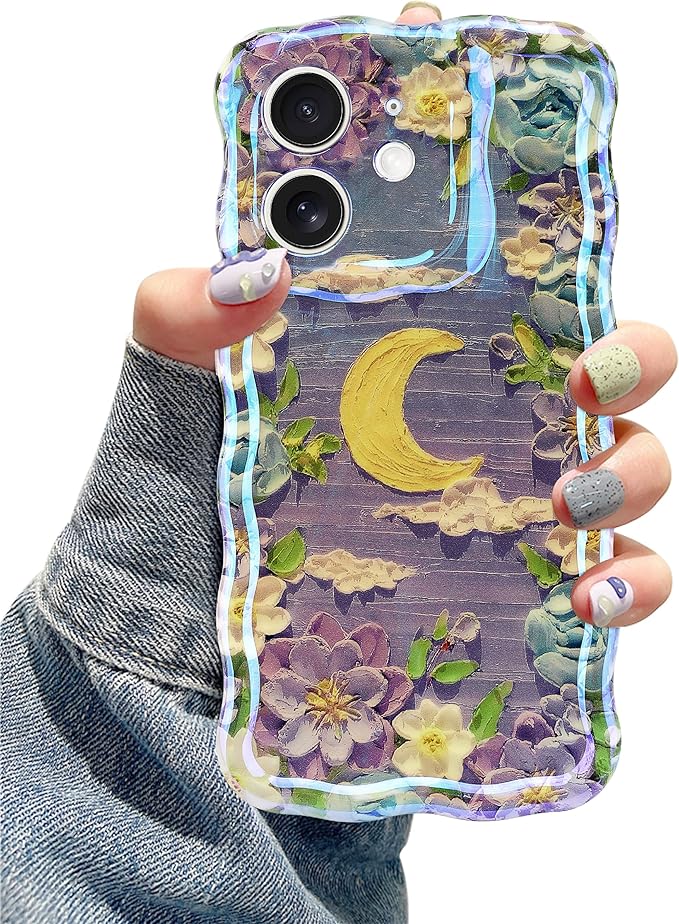 Jusy Compatible with iPhone 12, Colorful Retro Oil Painting Printed Flower Laser Glossy Pattern Cute Curly Wave Phone Case Soft TPU Cover for Girly Women - Purple Moon