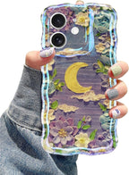 Jusy Compatible with iPhone 12, Colorful Retro Oil Painting Printed Flower Laser Glossy Pattern Cute Curly Wave Phone Case Soft TPU Cover for Girly Women - Purple Moon
