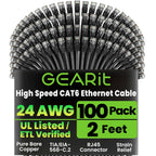 GEARit Cat 6 Ethernet Cable Pack - 100-Pack 2 ft Cat6 Ethernet Patch Cables | RJ45 Network Patch Cable, 10 Gbps Snagless Gold-Plated Connectors - Ethernet Cable Cat 6 for PC, TV, Router - Black
