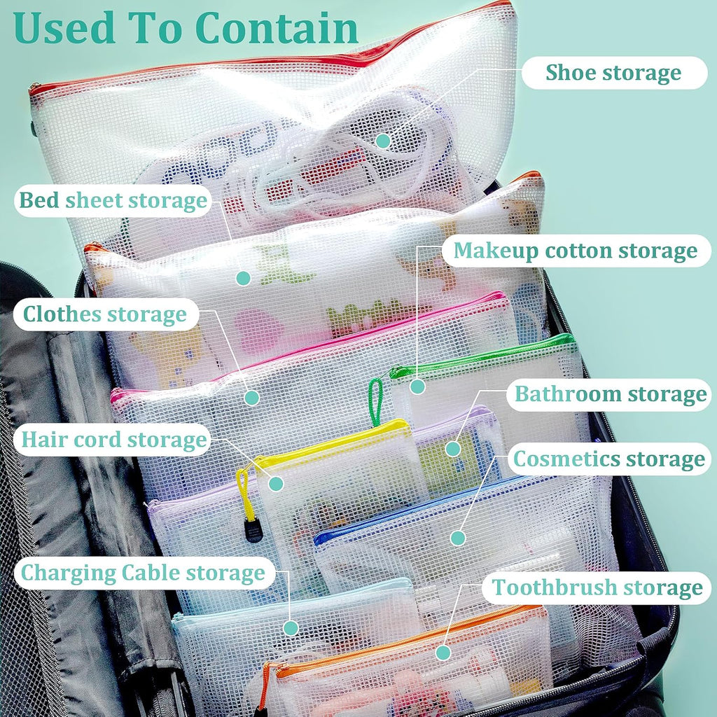 24pcs Mesh Waterproof Pouch Bags, 9 Sizes Clear Pouches, Organizer Bags With Zipper, 8 Colors for Travel & Toy Storage