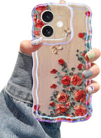 Jusy Compatible with iPhone 11, Colorful Retro Oil Painting Printed Flower Laser Glossy Pattern Cute Curly Wave Phone Case Soft TPU Cover for Girly Women - Beige