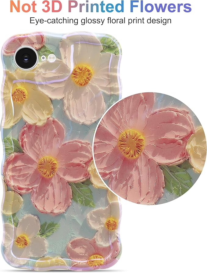 Jusy Compatible with iPhone 16e, Colorful Retro Oil Painting Printed Flower Laser Blue Glossy Pattern Cute Curly Wave Phone Case Soft TPU Cover for Girly Women -Green